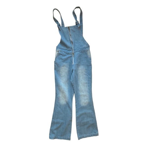 Light wash overalls dungarees size XS tie up strap zip back bootcut flare - Picture 1 of 15